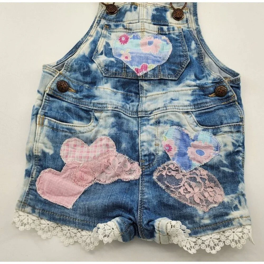 OshKosh B'Gosh Customized Short Overalls Lace Trim Heart Applique Bleach Dye 18M